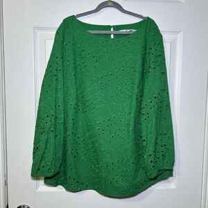 Preston & York Blouse Women's Small Green Eyelet Tunic Balloon Sleeve Lined NWOT
